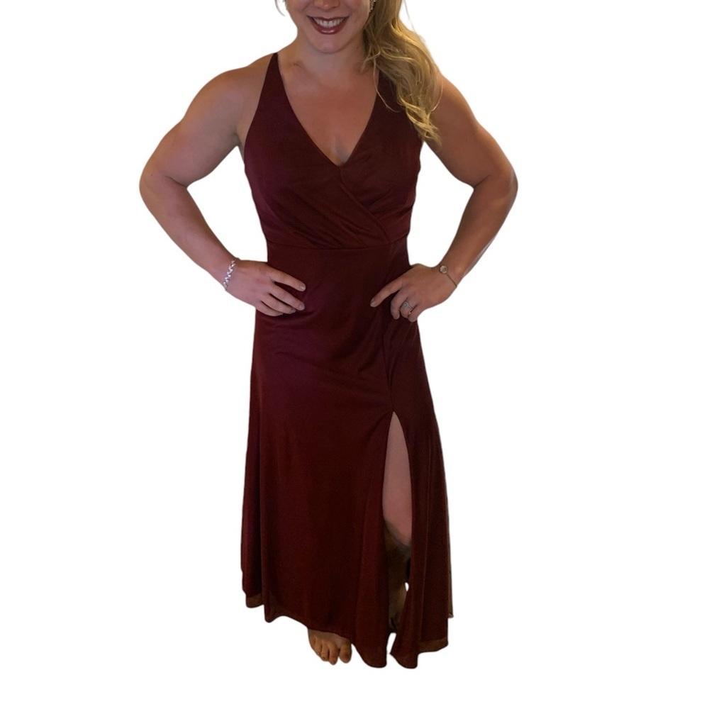 Azazie Burgundy Bridesmaid Dress - A-line with slit - custom size